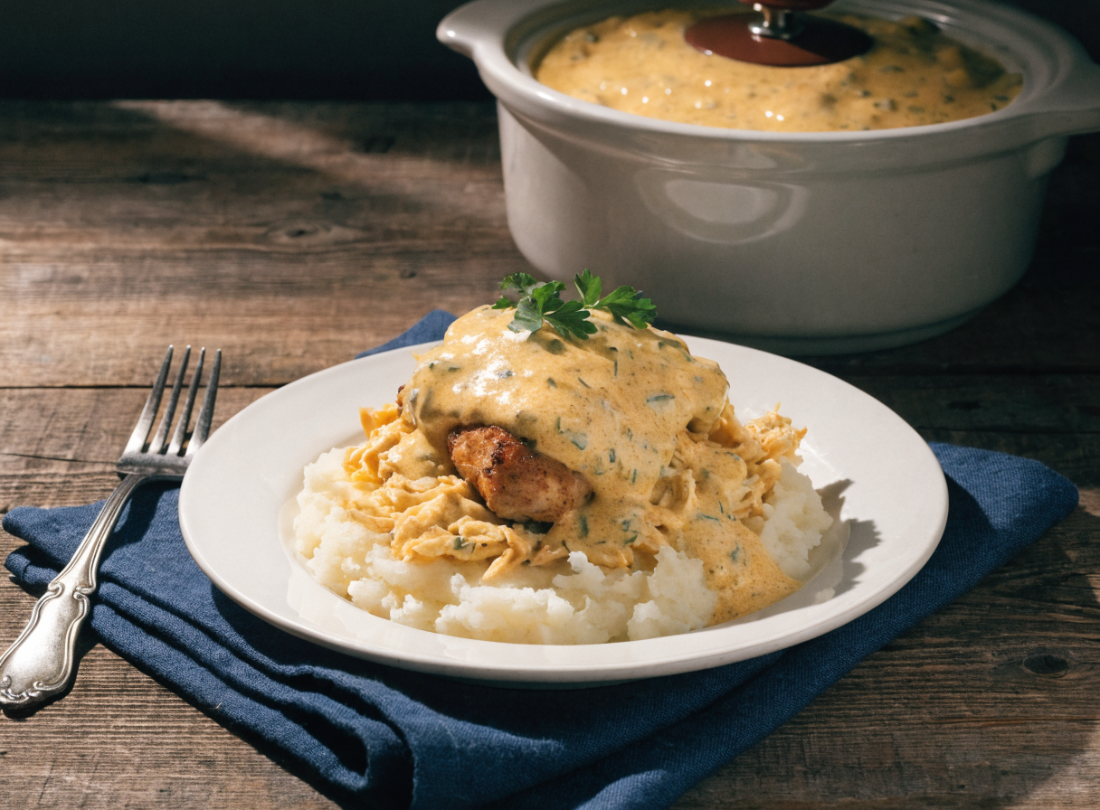 Slow Cooker Creamy Ranch Chicken and Potatoes Recipe Creamy ranch chicken and baby potatoes in a bowl with parsley garnish on a wooden table.