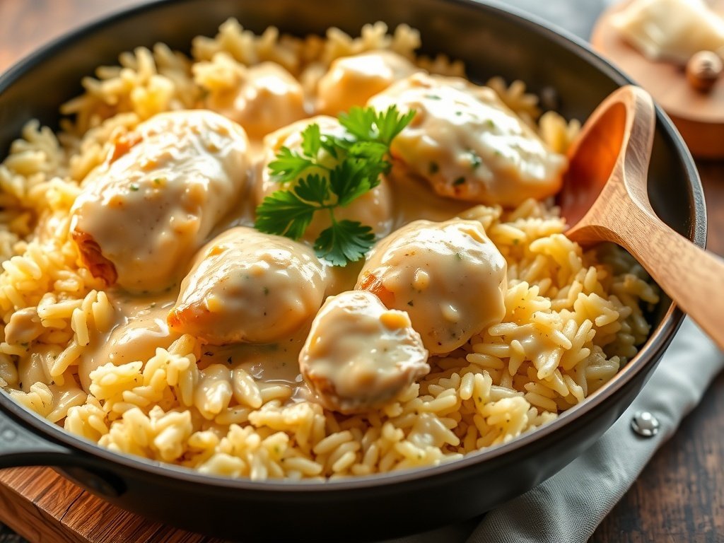 Creamy Garlic Butter Chicken & Rice Skillet Recipe Creamy garlic butter chicken and rice skillet with chicken, rice, and parsley, in a rustic kitchen.
